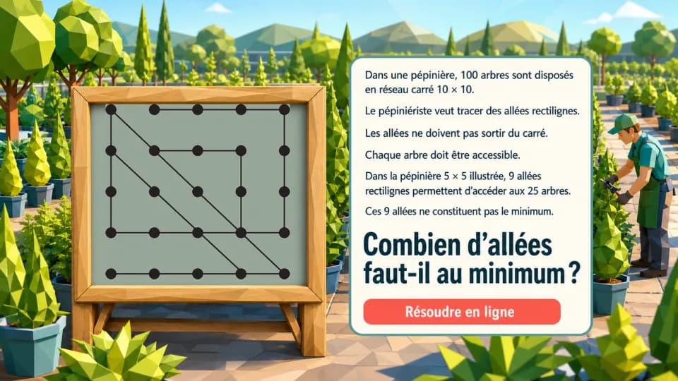 Le problème de la pépinière : 18 allées pour 100 arbres